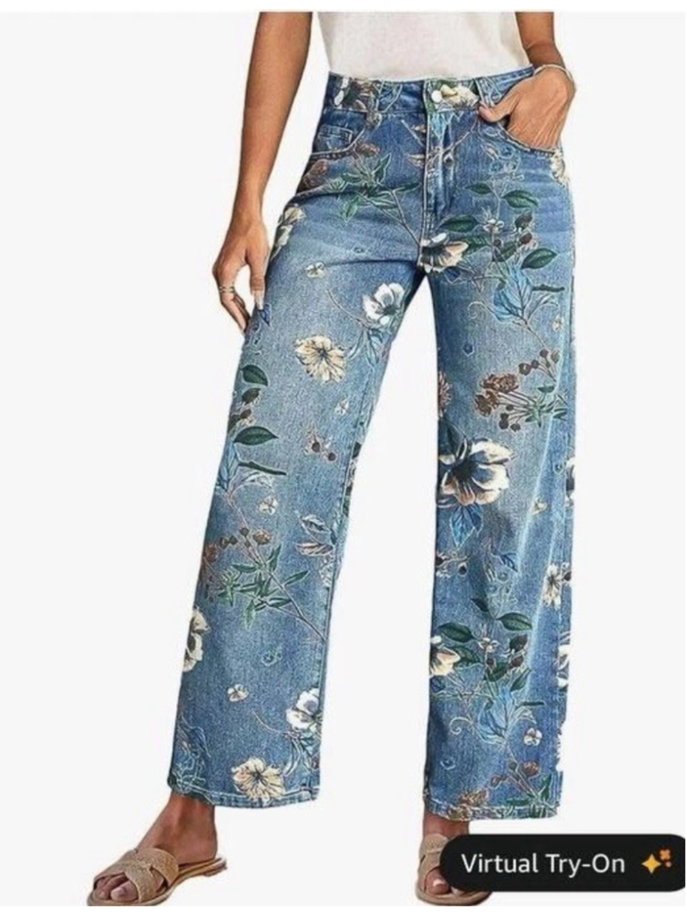 Flamingals High-Rise Vintage Floral Straight Leg Pants for Women Summer Casual M